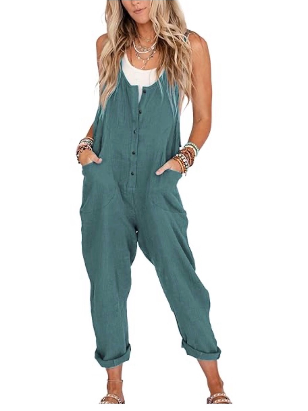COTTON LINEN LOOSE BAGGY CASUAL OVERALL JUMPSUIT Teal Button-Front for Women